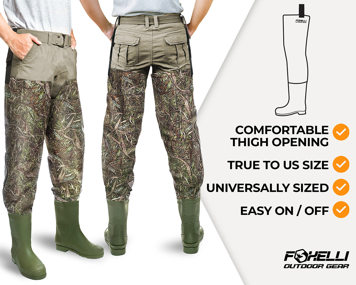 Foxelli Chest Waders – Camo Hunting & Fishing Waders for Men & Women with Boots, 2-Ply Nylon/PVC Waterproof Bootfoot Waders
