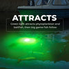 Foxelli green underwater fishing light attracting baitfish and game fish under a boat at night.