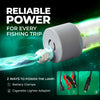 Foxelli green underwater fishing light with battery clamps and cigarette lighter adapter for 12V power.