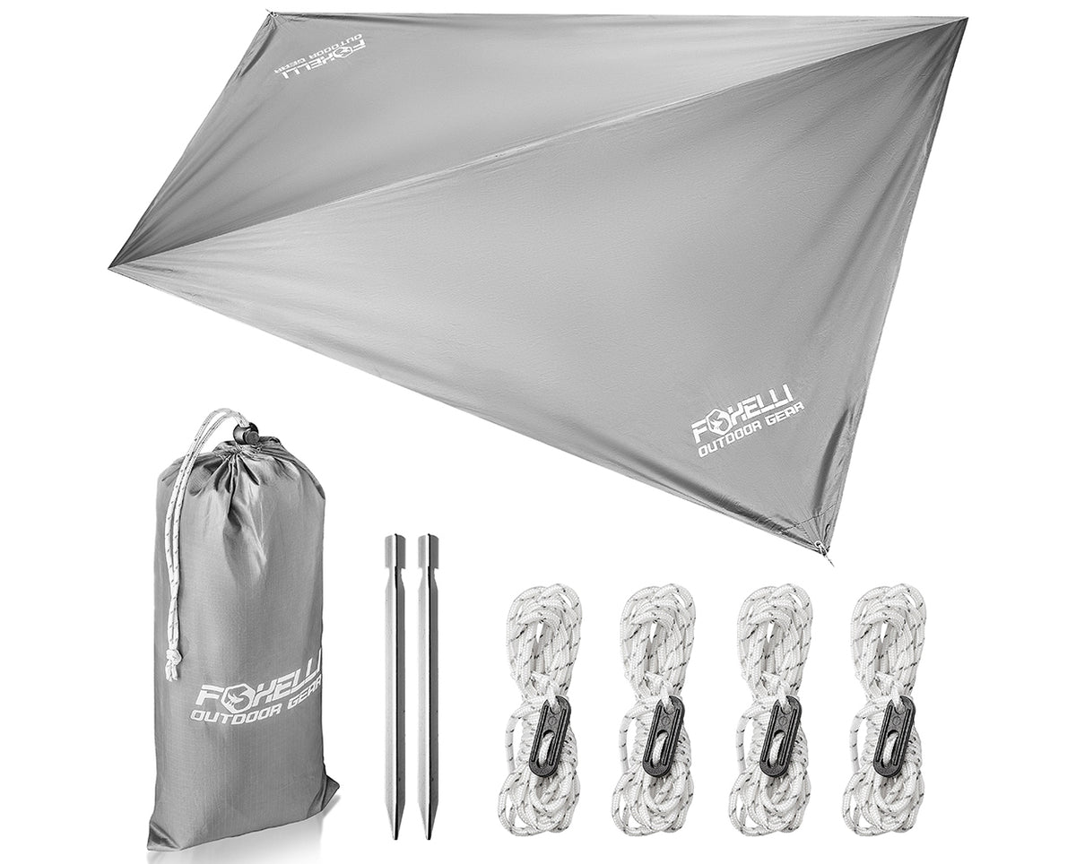Foxelli Rain Tarp – Hammock Rain Fly, 12ft Lightweight Camping Tarp, Waterproof Backpacking Tarp Shelter with Included Extra Long Guy Lines & Stakes