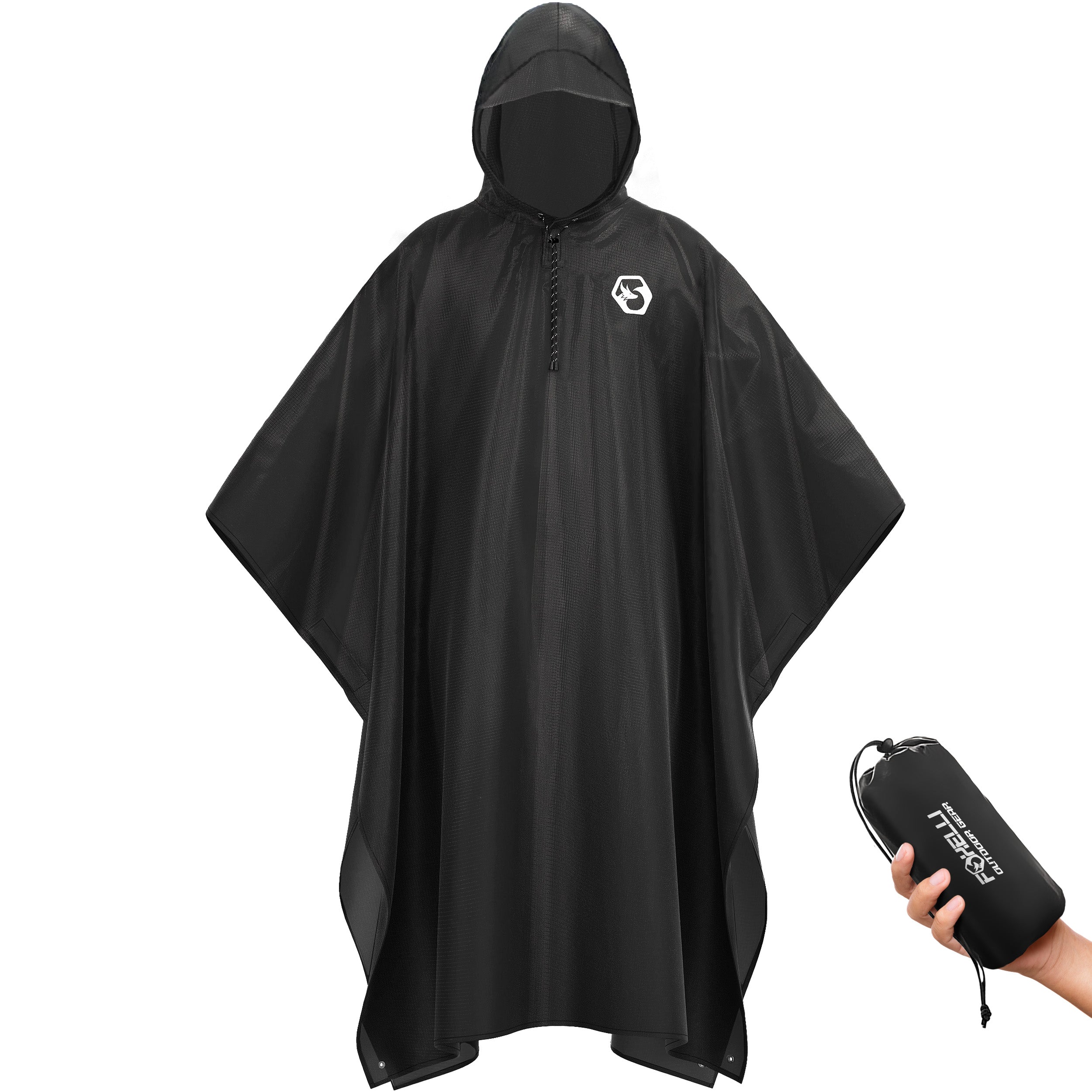 Foxelli Hooded Reusable Rain Poncho - Black