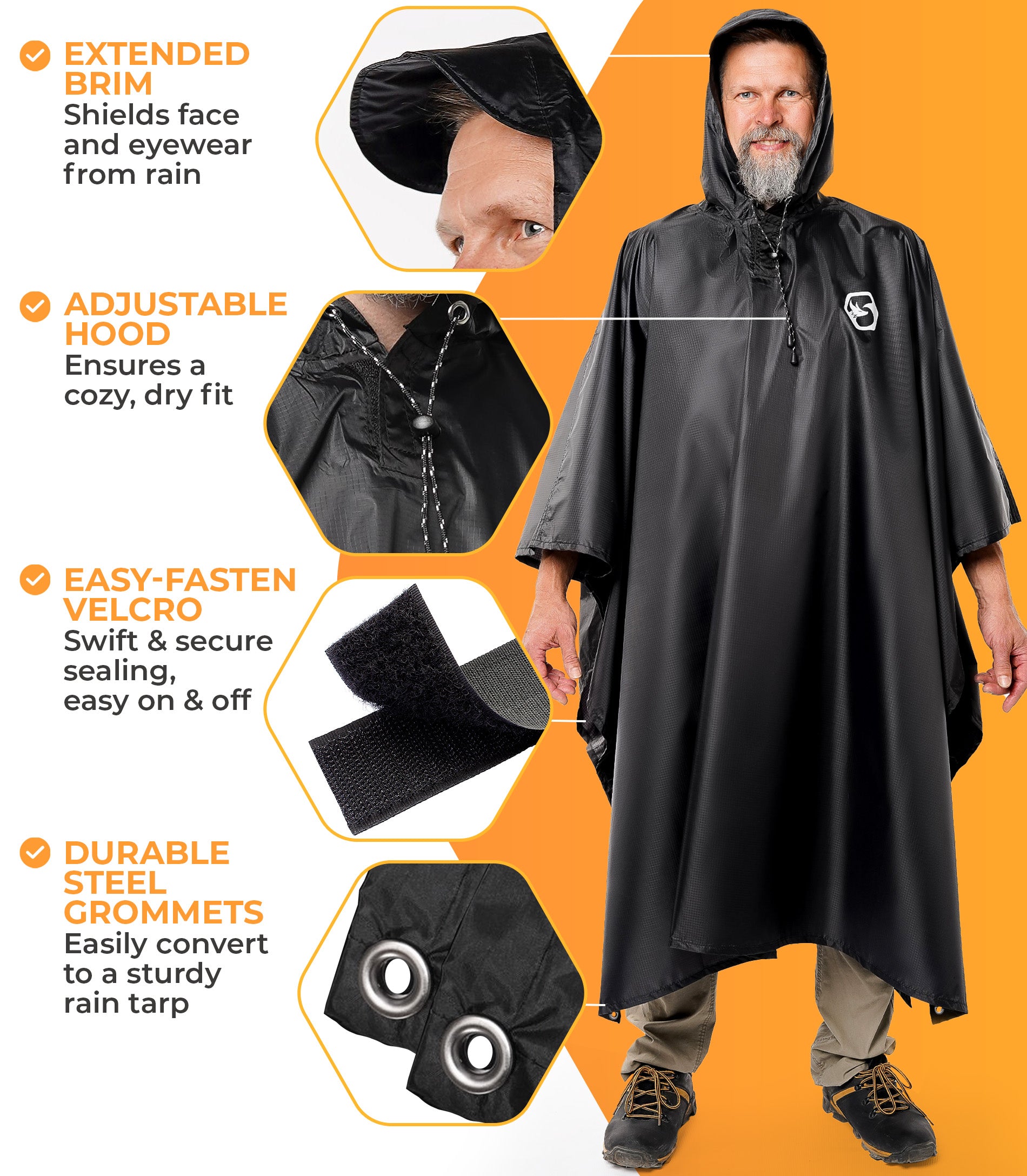 Foxelli Hooded Reusable Rain Poncho Black