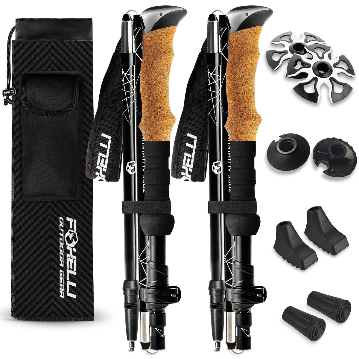 Foxelli Trekking Poles for Hiking – Lightweight & Compact Collapsible Walking Sticks for Men & Women, Adjustable Height Hiking Poles with Cork Grips & All-Terrain Accessories