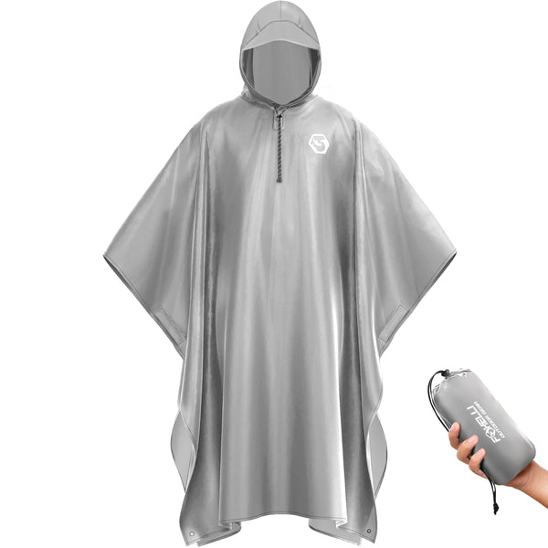 Foxelli Hooded Reusable Rain Poncho Grey - Main Image