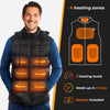 Foxelli heated vest display with detailed heating zones and quick heating feature.