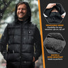 Happy man in Foxelli heated vest with water-resistant hood in the rain.