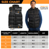 Size chart for Foxelli heated vest with model dimensions and fit details.