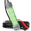 Foxelli green underwater fishing light with 12V battery clamps and cigarette lighter adapter.
