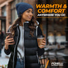 Woman outdoors wearing Foxelli heated vest and beanie, enjoying a warm coffee.