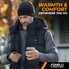 Man outdoors wearing Foxelli heated vest and beanie, enjoying a warm coffee.