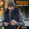 Man outdoors wearing Foxelli heated vest and beanie, enjoying a warm coffee.