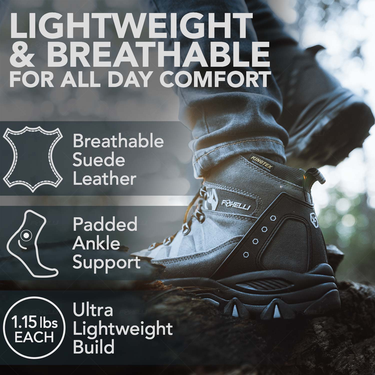 Foxelli Men's Hiking Boots | Waterproof | Grey 7.5