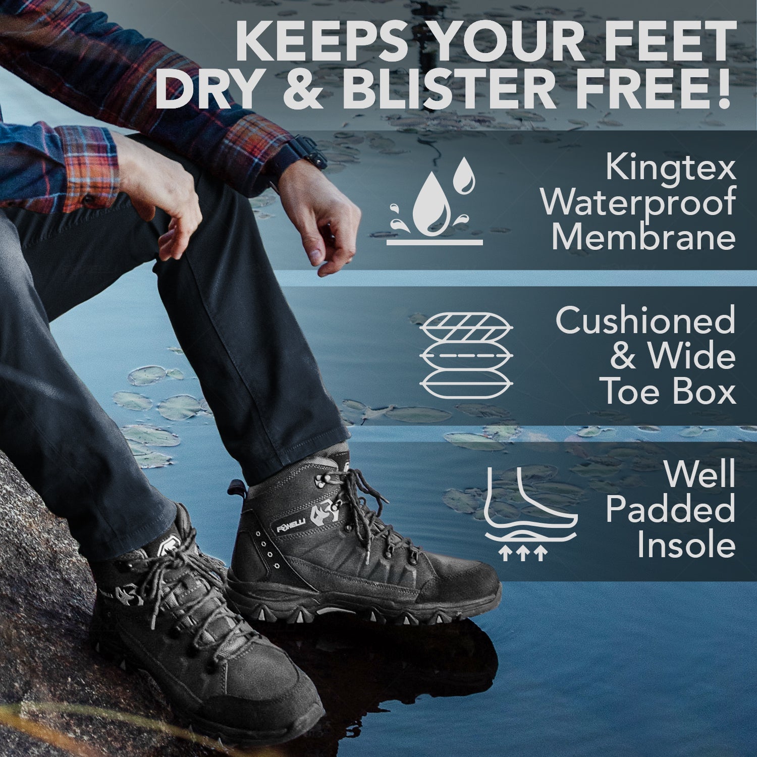 Foxelli Men's Hiking Boots | Waterproof | Grey 7.5